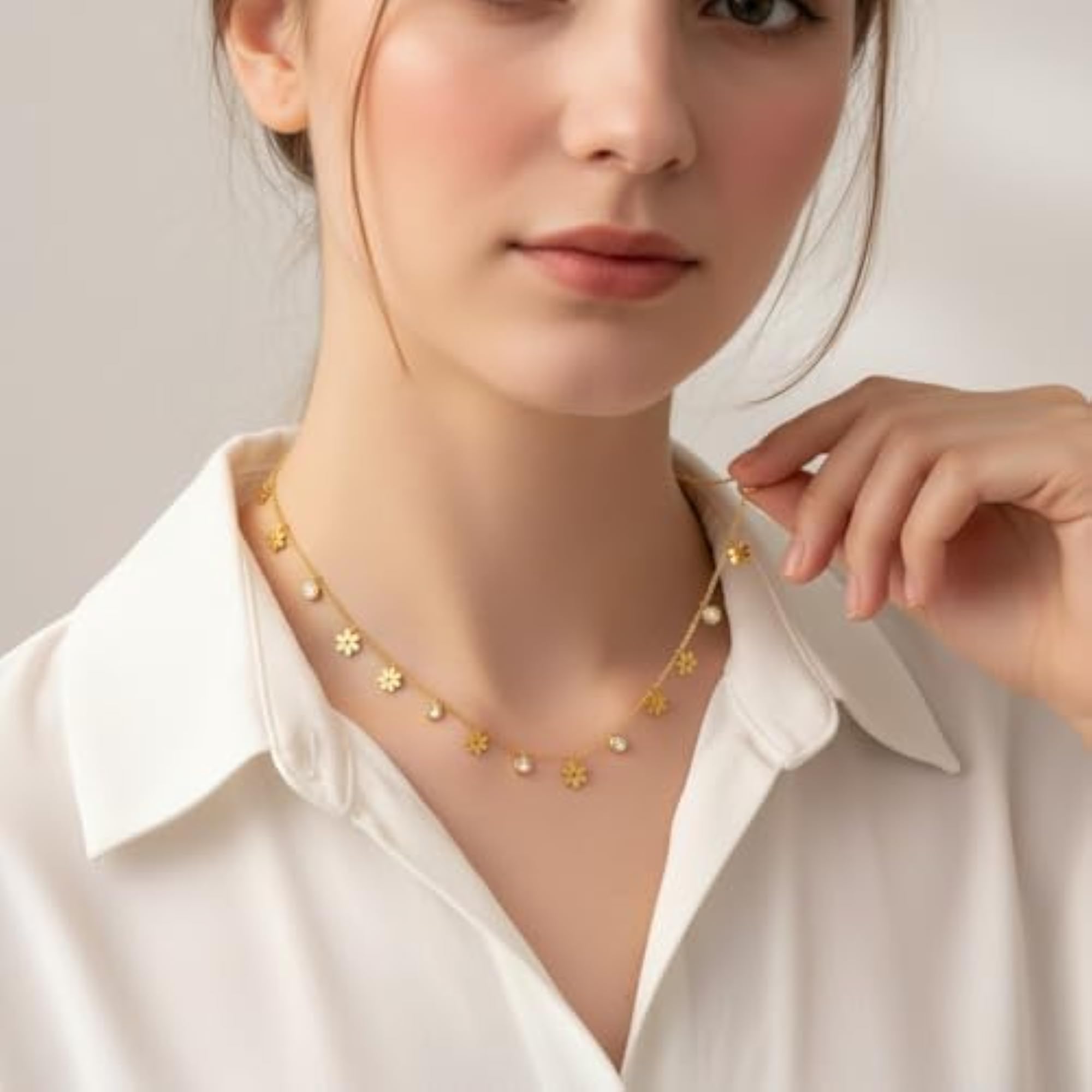 Women's Gold Flower Charm Pendant Necklace with AD Diamonds